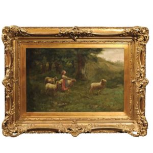 Large Antique Oil Painting of Sheep and Shepherdess in Antique Giltwood Frame