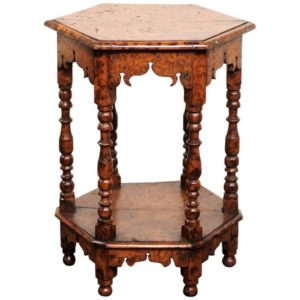 English Burl Wood Hexagonal Side Table with Turned Legs and Richly Carved Apron