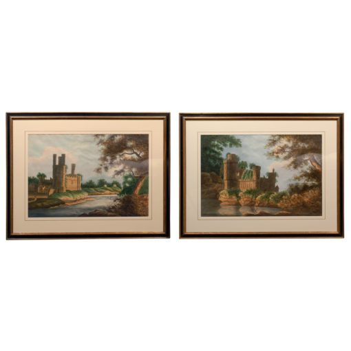 Pair of English Watercolor Landscapes with Gothic Castles on a River Bank