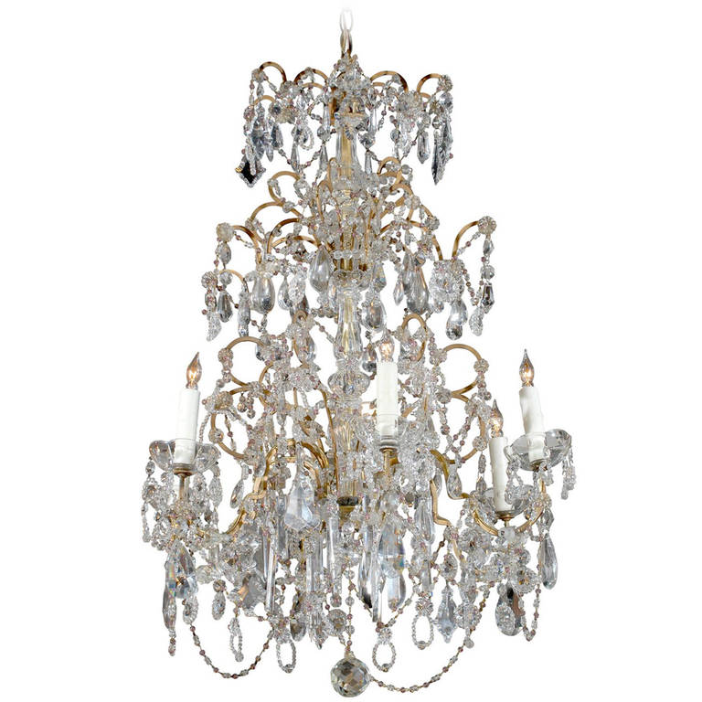 French Six Light Crystal Chandelier With Amethyst Colored Beads Circa 1930 English Accent Antiques French Six Light Crystal Chandelier, 1930s French Crystal Beaded Chandelier