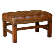 English Mid-Century Wooden Bench with Brown Tufted Leather Seat
