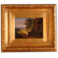 Antique Sheep Oil Painting on Board in Antique Gilt Wood Frame