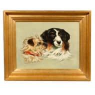 English Oil on Canvas of Two Dogs in Giltwood Frame