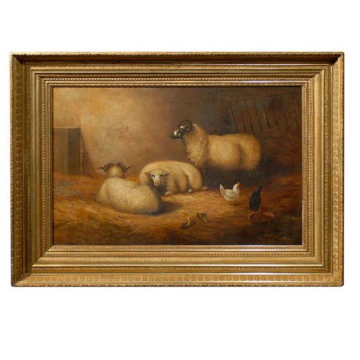Large English 1880s Painting Depicting Sheep and Chickens in a Barn by W. Topham