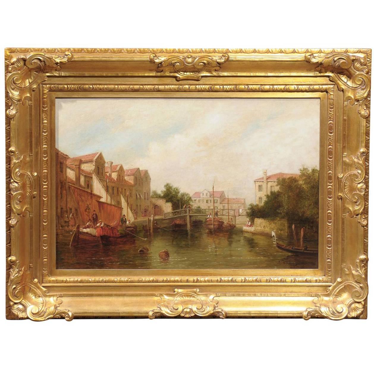 Oil Painting of a Canal Scene with Boats and Pedestrians from Late 19th Century - English Accent Antiques