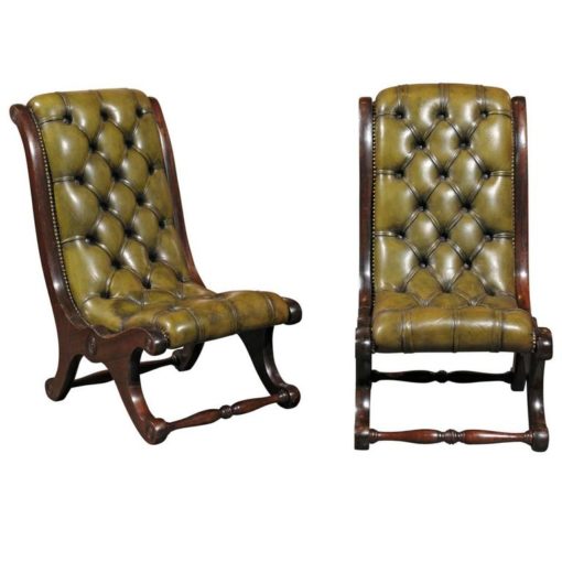 Pair of English Leather Tufted Slipper Chairs