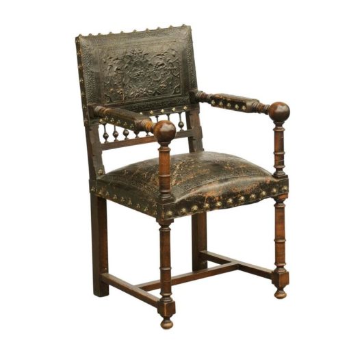 French 19th Century Embossed Leather upholstered Wooden Armchair with Open Arms