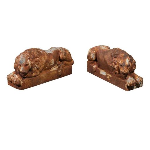 Pair of Petite French Patinated Iron Reclining Lions, Turn of the Century