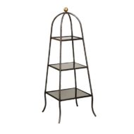 Italian Mid-Century Steel Tiered Stand with Black Glass Shelves and Domed Top