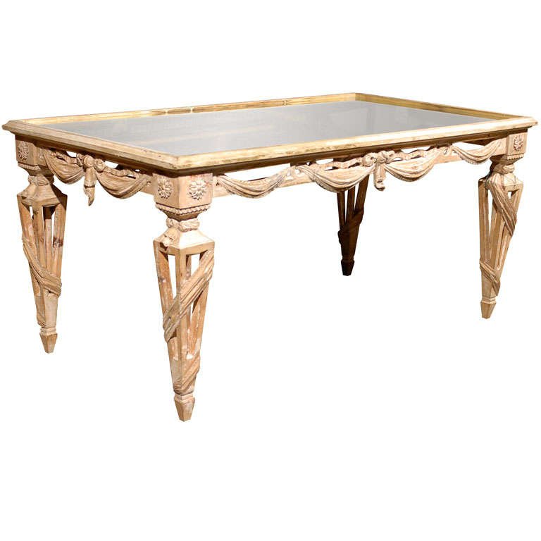 Italian Mirrored Top Ornate Bleached, Mirrored Wood Coffee Table