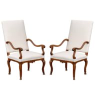 Pair of French Walnut Régence Style Upholstered Armchairs, circa 1820