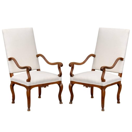 Pair of French Walnut Régence Style Upholstered Armchairs, circa 1820