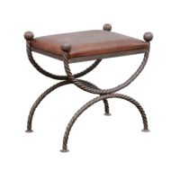 English Mid-Century Modern Curule Style Stool with Leather Seat and Iron Base