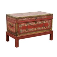 English Camphor Wood Trunk on Stand with Red Painted Leather and Floral Motifs