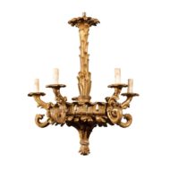French Five-Light Foliage Themed Giltwood Carved Chandelier, Early 20th Century