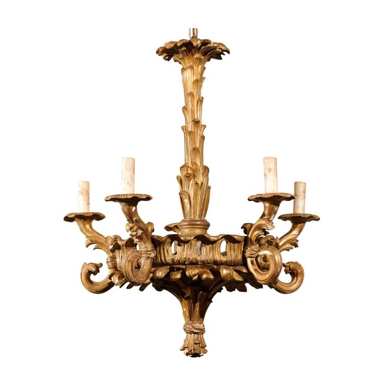 French Five Light Foliage Themed Giltwood Carved Chandelier Early 20th Century English Accent Antiques French Five Light Foliage Themed, Chandelier In English From French