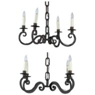 Pair of 1940s French Black Iron Four-Light Chandeliers with Scrolling Arms