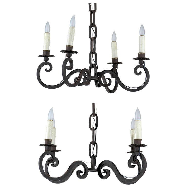 Pair Of 1940s French Black Iron Four, Large French Iron Chandeliers
