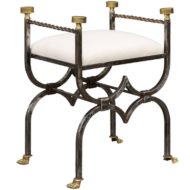 English 1900s Steel and Brass Upholstered Curule Stool with Lion Paw Feet