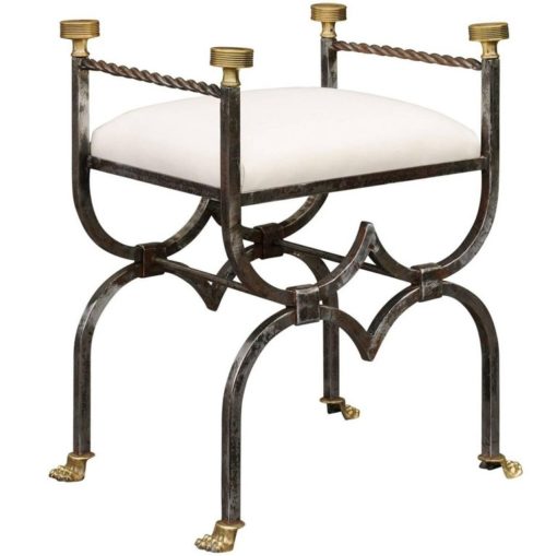 English 1900s Steel and Brass Upholstered Curule Stool with Lion Paw Feet