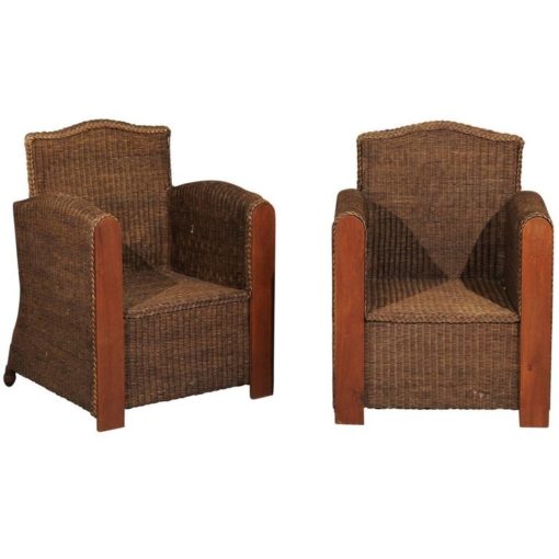 Pair of French Vintage Wicker Club Chairs with Camel Back and Tall Arms