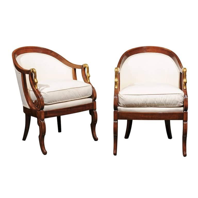 Pair Of French Empire Style Tub Chairs With Brass Swan Motifs From