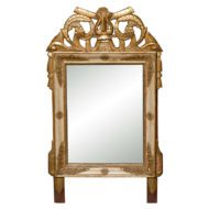19th Century French Louis XVI Style Crested Gilt Patinated Mirror with Trophy