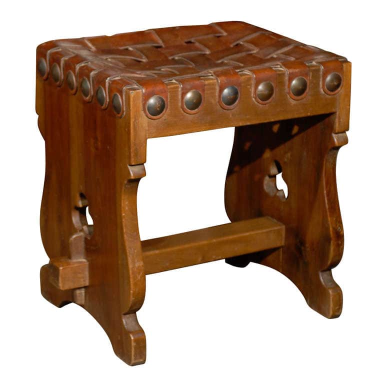 Spanish Woven Leather Top Stool with Trestle Base and
