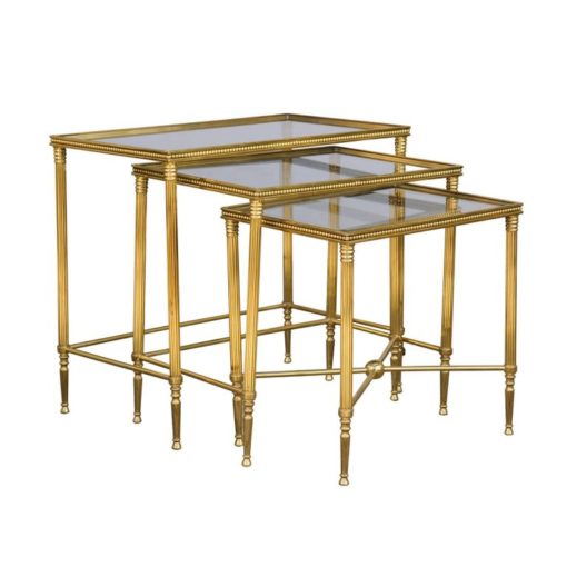 Set of Three 1950s French Brass and Glass Nesting Tables with Beaded Trim