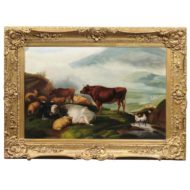 Large English 1880s Giltwood Framed Pastoral Oil Painting with Cattle and Sheep