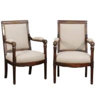 English 19th Century Empire Revival Upholstered Armchairs with Palmettes