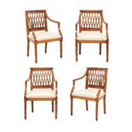 Set of Four Italian Vintage Upholstered Chairs with Latticed Backs, circa 1930