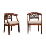 Pair of Italian 1800s Carved Walnut Upholstered Armchairs with Wraparound Backs