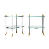 Pair of French Midcentury Steel and Brass Tiered Side Tables with Hoofed Feet