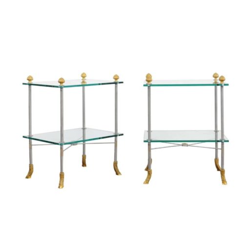 Pair of French Midcentury Steel and Brass Tiered Side Tables with Hoofed Feet