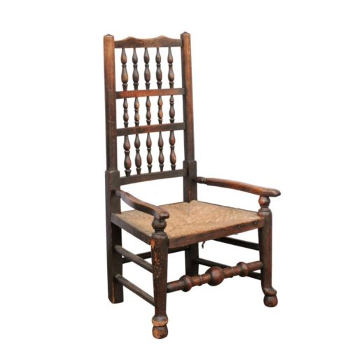 English 1780s Oak William and Mary Style Open Arm Youth Chair with Rush Seat
