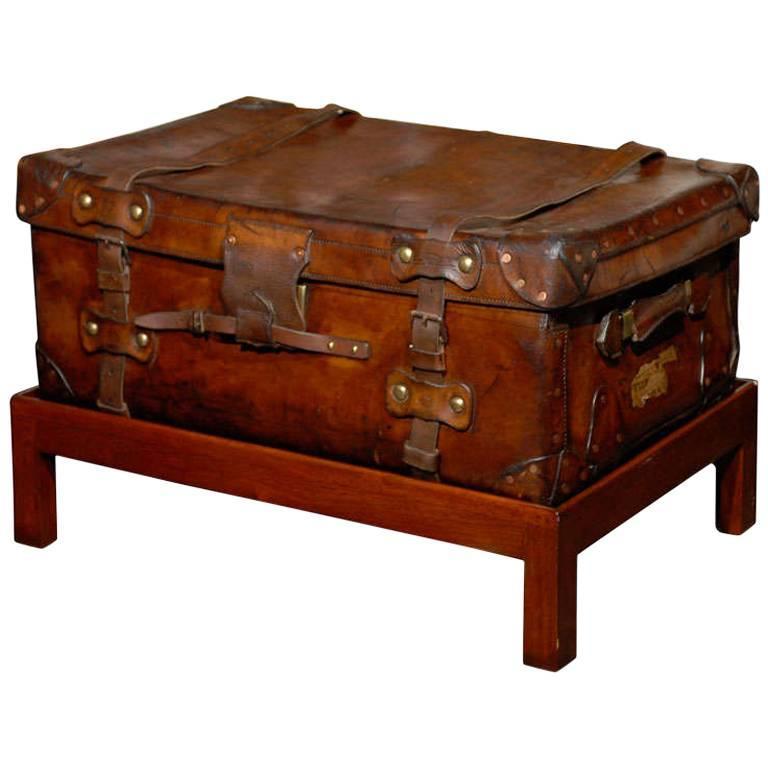Rectangular Mahogany Wooden Stand, Leather Travel Trunk