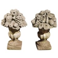 Pair of French Stone Fruit, Flowers and Médicis Vase Sculptures, circa 1920