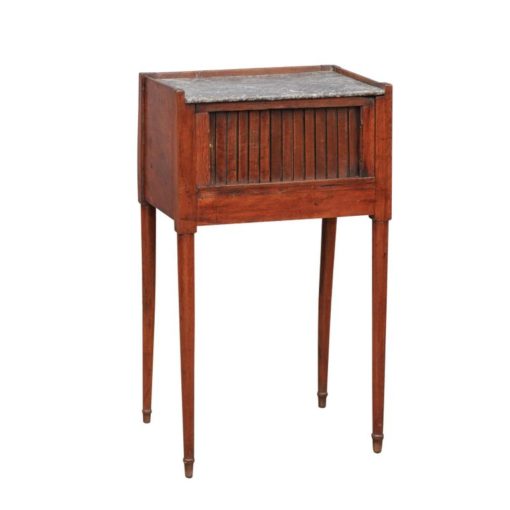 French 1860s Walnut Side Table with Tambour Door, Marble Top and Tapered Legs