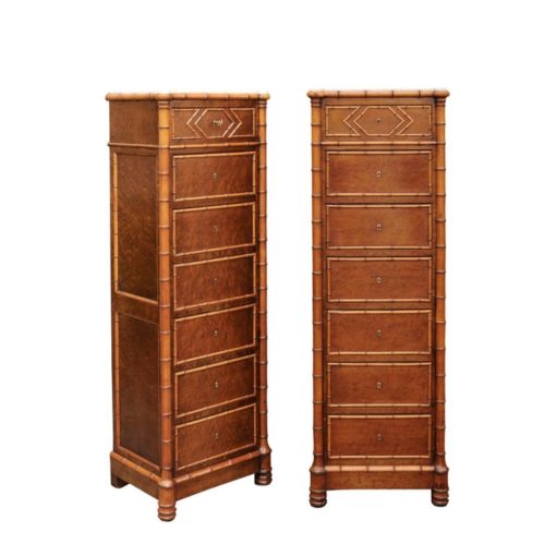 Pair of French, 1870s Faux-Bamboo and Burlwood Semainiers with Marble Tops