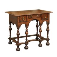 William and Mary Style 1800s Oak Side Table with Trumpet Legs and Three Drawers