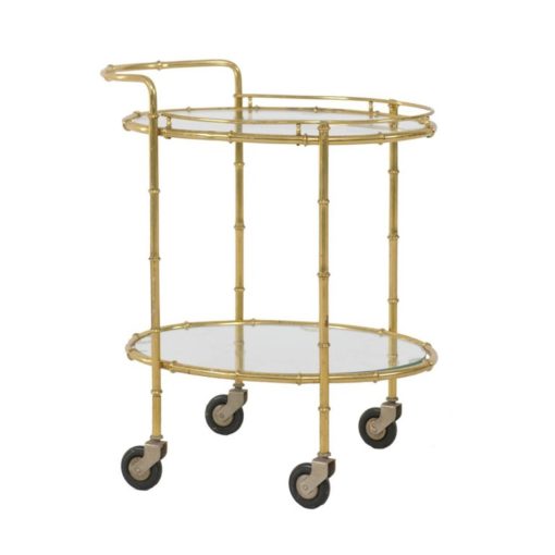 French Midcentury Brass Two-Tiered Oval Cart with Glass Shelves and Casters