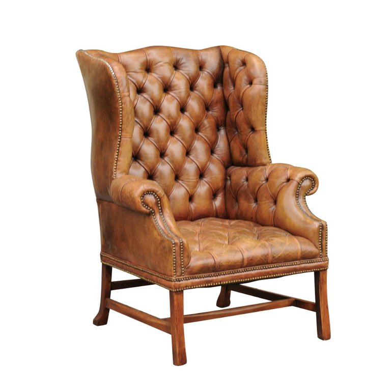 English 1900s On Tufted Leather Wingback Chair With Out English 1900s On Tufted Leather Wingback Chair With Out Scrolling Arms