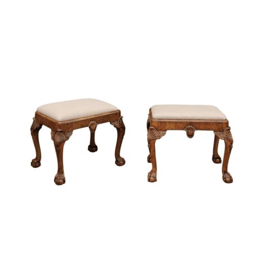 Pair of English Queen Anne Style Walnut Stools with Carved Shells and Upholstery