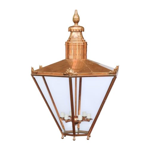 Large English Turn of the Century Hexagonal Copper Lanterns with Glass Panels