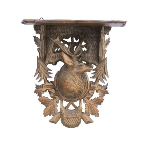 Black Forest 1920s Oak Wall Bracket from Switzerland with Hand-Carved Stag Motif