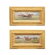 Pair of Late 19th Century American Oil Horse Racing Paintings in Giltwood Frames