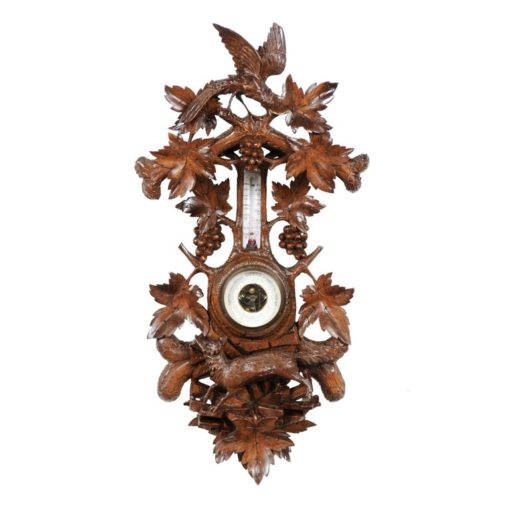 Black Forest 1920s Carved Aneroid Barometer with Foliage, Bird and Fox Motifs