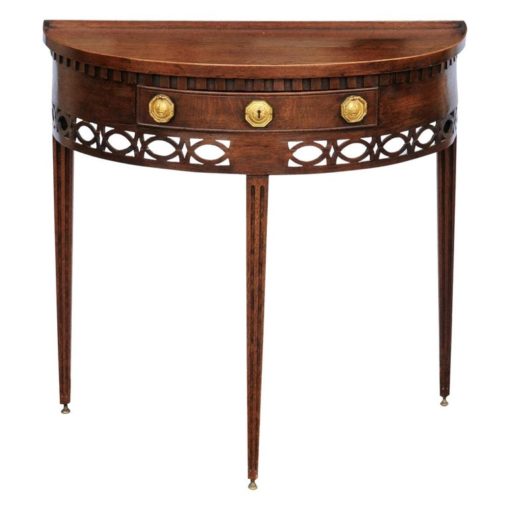 English 1860s Oak Demilune Table with Drawer, Tapered Legs and Pierced Motifs