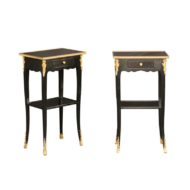 Pair of French Midcentury Ebonized Tables with Ormolu Mounts, Drawer and Shelf